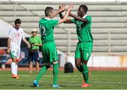 29 July 2014; Ireland's Peter Cotter, left, and Tomiwa Badun celebrate after the game. 2014 CPISRA Football 7-A-Side European Championships, Ireland v Portugal, Maia, Portugal. Picture credit: Carlos Patrão / SPORTSFILE