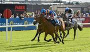 29 July 2014; Legatissimo, right, with Wayne Lordan up, crosses the finishing post ahead of Tamadhor, left, with Chris Hayes up, who finished second, and Chinese Light, with Pat Smullen up, who finished third, on their way to winning the Topaz E.B.F. Fillies Maiden. Galway Racing Festival, Ballybrit, Co. Galway. Picture credit: Barry Cregg / SPORTSFILE