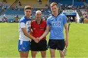 27 July 2014; Waterford captain Shane Ryan and Dublin captain Shane Barrett exchange a handshake in the company of referee Justin Heffernan before the game. Electric Ireland GAA Hurling All Ireland Minor Championship Quarter-Final, Dublin v Waterford. Semple Stadium, Thurles, Co. Tipperary. Picture credit: Diarmuid Greene / SPORTSFILE