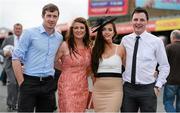 30 July 2014; Enjoying a day at the races are Cathal Cregg, left, from Frenchpark, Co. Roscommon, Lorna Finn, from Strokestown, Co. Roscommon, Karen Conroy, from Ballyforan, Co. Roscommon and Paddy Brogan, from Strokestown, Co. Roscommon. Galway Racing Festival, Ballybrit, Co. Galway. Picture credit: Barry Cregg / SPORTSFILE