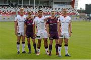 30 July 2014; Ulster players, from left to right, Franco Van Der Merwe, Luis Ludic, Nick Williams, Darren Cave and Tommy Bowe in attendance at a new Ulster Rugby kit launch for the new season. Kingspan Stadium, Belfast, Co. Antrim. Picture credit: Oliver McVeigh / SPORTSFILE