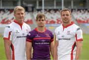 30 July 2014; Ulster players, from left to right, Franco Van Der Merwe Luis Ludic and Tommy Bowe in attendance at new Ulster Rugby kit launch for the new season. Kingspan Stadium, Belfast, Co. Antrim. Picture credit: Oliver McVeigh / SPORTSFILE