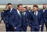 30 May 2016; Northern Ireland manager Michael O'Neill, centre, along with Craig Cathcart, left, and Oliver Norwood as the squad depart for EURO2016 from George Best City Airport, Belfast. Photo by Oliver McVeigh/Sportsfile
