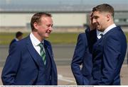 30 May 2016; Northern Ireland manager Michael O'Neill along with Craig Cathcart as the squad depart for EURO2016 from George Best City Airport, Belfast. Photo by Oliver McVeigh/Sportsfile