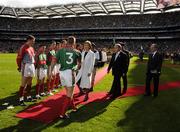 17 September 2006; The President Mary McAleese with Mayo captain David Heaney, GAA President Nickey Brennan and Liam Mulvehill before the game. Bank of Ireland All-Ireland Senior Football Championship Final, Kerry v Mayo, Croke Park, Dublin. Picture credit: Ray McManus / SPORTSFILE