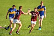 26 July 2014; Michael Lundy, Galway, is congratulated by team-mate Paul Conroy after scoring a goal. GAA Football All Ireland Senior Championship, Round 4A, Galway v Tipperary. O'Connor Park, Tullamore, Co. Offaly. Picture credit: Ramsey Cardy / SPORTSFILE