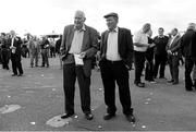 28 July 2014; (Editors please note; This black & white image has been created from an original colour file) Joe Stapleton, left, from Ennis, Co. Clare, and Pat Furey, from Oranmore, Co. Galway, look up the betting prices ahead of the Pillo Hotel Handicap. Galway Racing Festival, Ballybrit, Co. Galway. Picture credit: Barry Cregg / SPORTSFILE