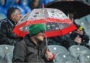 2 August 2014; A fan takes shelter from the rain during the first half. GAA Football All-Ireland Senior Championship, Round 4B, Kildare v Monaghan, Croke Park, Dublin. Picture credit: Ramsey Cardy / SPORTSFILE
