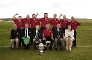 14 September 2006: Banbridge Golf Club, winners of the Magners Junior Cup. Back row, left to right: Neil Clydesdale, Trevor Woods, Ross McCandless, Gareth Gillespie, Rory Madeley, Neil Madeley and Jonathan Burns. Front row, l to r: Tom Fee, President, Gerard McBrien, Captain, Bernie Hynes, President GUI, Hugo Downey, Team Captain, Albert Lee, Honorary Secretary, GUI and Orlaith Fortune, Magners. Magners Cups and Shields Finals 2006, Enniscrone Golf Club, Enniscrone, Sligo. Picture credit: Ray McManus / SPORTSFILE