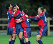 20 August 1999; Ciaran Martyn, second from left, celebrates with his UCD team-mates Alan Mahon, left, Ciaran Kavanagh, 6, and Peter Hanrahan, right, after scoring their first goal during the Eircom League Premier Division match between UCD and St Patrick's Athletic at Belfield Park in Dublin. Photo by Ray McManus/Sportsfile