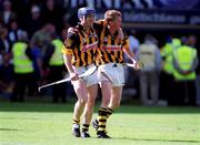 15 August 1999; Kilkenny captain Denis Byrne, left, and team-mate John Power celebrate following the Guinness All-Ireland Senior Hurling Championship Semi-Final match between Kilkenny and Clare at Croke Park in Dublin. Photo by Brendan Moran/Sportsfile