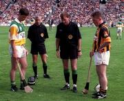 13 September 1998; Referee Dickie Murphy, centre, conducts the coin toss with Offaly captain Hubert Rigney and Kilkenny captain Tom Hickey prior to the Guinness All-Ireland Senior Hurling Championship Final between Offaly and Kilkenny at Croke Park in Dublin. Photo by Ray McManus/Sportsfile