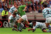 28 August 1999; Conor O'Shea of Ireland makes a break during the Rugby World Cup Warm-up match between Ireland and Argentina at Lansdowne Road in Dublin. Photo by Brendan Moran/Sportsfile
