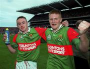 22 August 1999; Mayo players John Brogan and Robert Moran celebrate following the All-Ireland Minor Football Championship Semi-Final match between Cork and Mayo at Croke Park in Dublin. Photo by Matt Browne/Sportsfile