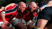 7 August 1999; The Munster front row, from left, John Hayes, Keith Wood and Peter Clohessy during the Guinness Interprovincial match between Munster and Leinster at Temple Hill in Cork. Photo by Matt Browne/Sportsfile