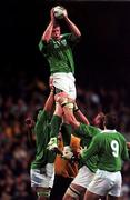 19 June 1999; Ireland's Malcolm O'Kelly takes possession in a lineout with the assistance of team-mates Dion O'Cuinneagain, left, and Trevor Brennan, right, during the Ireland Rugby tour to Australia Second Test match between Australia and Ireland at the Subiaco Oval in Perth, Australia. Photo by Matt Browne/Sportsfile