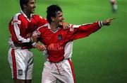 3 September 1999; Martin Russell celebrates with his St Patrick's Athletic team-mate Marcus Hallows, left, after scoring their second goal during the Eircom League Premier Division match between St Patrick's Athletic and Finn Harps at Richmond Park in Dublin. Photo by Damien Eagers/Sportsfile