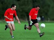 16 September 1999; Meath's Evan Kelly and Hank Traynor, left, during a training session, at Dalgan Park in Navan, in advance of the Bank of Ireland All-Ireland Senior Football Championship Final. Photo by Brendan Moran/Sportsfile