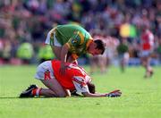 29 August 1999; Meath's Paddy Reynolds consoles Oisin McConville following the Bank of Ireland All-Ireland Senior Football Championship Semi-Final match between Meath and Armagh at Croke Park in Dublin. Photo by Aoife Rice/Sportsfile