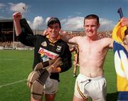 15 August 1999; Kilkenny goalkeeper James McGarry and Michael Kavanagh celebrate following the Guinness All-Ireland Senior Hurling Championship Semi-Final match between Kilkenny and Clare at Croke Park in Dublin. Photo by Damien Eagers/Sportsfile