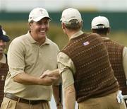 21 September 2006; Team USA 2006 team-mates Phil Mickelson, left, and Jim Furyk shake hands on the 18th green on the final day of practice ahead of the 36th Ryder Cup Matches. K Club, Straffan, Co. Kildare, Ireland. Picture credit: Matt Browne / SPORTSFILE