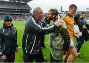 2 August 2014; Armagh manager Paul Grimley refuses to speak to Newstalk reporter Colm Parkinson after the game due to the Armagh team media ban. GAA Football All-Ireland Senior Championship, Round 4B, Meath v Armagh, Croke Park, Dublin. Picture credit: Oliver McVeigh / SPORTSFILE