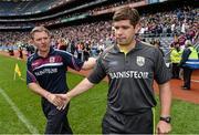 3 August 2014; Kerry manager Eamonn Fitzmaurice, right, and Galway manager Alan Mulholland shake hands after the game. GAA Football All-Ireland Senior Championship, Quarter-Final, Kerry v Galway, Croke Park, Dublin. Picture credit: Stephen McCarthy / SPORTSFILE