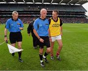 3 August 2014; Cork selector Ciarán O'Sullivan, right, speaks to referee Cormac Reilly, centre, as he leaves the field. GAA Football All-Ireland Senior Championship, Quarter-Final, Mayo v Cork, Croke Park, Dublin. Picture credit: Ray McManus / SPORTSFILE