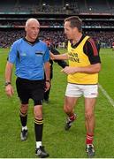 3 August 2014; Cork selector Ciarán O'Sullivan, right, speaks to referee Cormac Reilly as he leaves the field. GAA Football All-Ireland Senior Championship, Quarter-Final, Mayo v Cork, Croke Park, Dublin. Picture credit: Ray McManus / SPORTSFILE