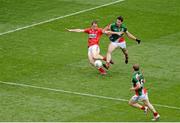 3 August 2014; Colm O'Neill, Cork, in action against Ger Cafferkey, Mayo. Referee Cormac Reilly did not give a free for this incident despite the complaints from O'Neill. GAA Football All-Ireland Senior Championship, Quarter-Final, Mayo v Cork, Croke Park, Dublin. Picture credit: Dáire Brennan / SPORTSFILE