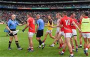 3 August 2014; Cork selector Ciarán O'Sullivan and a selection of players speak to referee Cormac Reilly and linesman Fergal Kelly as they leave the field. GAA Football All-Ireland Senior Championship, Quarter-Final, Mayo v Cork, Croke Park, Dublin. Picture credit: Ray McManus / SPORTSFILE