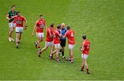 3 August 2014; Cork players, left to right, Donncha O'Connor, Paul Kerrigan, Colm O'Neill, John Hayes, Noel Galvin, and James Loughrey, speak to referee Cormac Reilly about the amount of time played at the end of the game. GAA Football All-Ireland Senior Championship, Quarter-Final, Mayo v Cork, Croke Park, Dublin. Picture credit: Dáire Brennan / SPORTSFILE