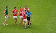 3 August 2014; Cork players, left to right, Paul Kerrigan, Colm O'Neill, John Hayes, and Donncha O'Connor speak to referee Cormac Reilly about the amount of time played at the end of the game. GAA Football All-Ireland Senior Championship, Quarter-Final, Mayo v Cork, Croke Park, Dublin. Picture credit: Dáire Brennan / SPORTSFILE