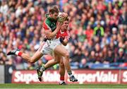 3 August 2014; Aidan O'Shea, Mayo, is tackled by Tomás Clancy, Cork, for which the Corkman was shown a black card. GAA Football All-Ireland Senior Championship, Quarter-Final, Mayo v Cork, Croke Park, Dublin. Picture credit: Brendan Moran / SPORTSFILE