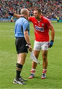 3 August 2014; Noel Galvin, Cork, argues with referee Cormac Reilly after the final whistle. GAA Football All-Ireland Senior Championship Quarter-Final, Mayo v Cork, Croke Park, Dublin. Picture credit: Cody Glenn / SPORTSFILE