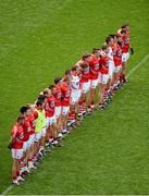 3 August 2014; The Cork team stand together for the national anthem. GAA Football All-Ireland Senior Championship, Quarter-Final, Mayo v Cork, Croke Park, Dublin. Picture credit: Dáire Brennan / SPORTSFILE