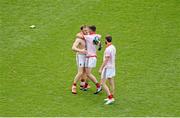 3 August 2014; Mayo players, left to right, Robert Hennelly, Jason Doherty and Keith Higgins celebrate after the game. GAA Football All-Ireland Senior Championship, Quarter-Final, Mayo v Cork, Croke Park, Dublin. Picture credit: Dáire Brennan / SPORTSFILE