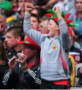 3 August 2014; Mayo supporter Andrew Dillon, aged 12, and his father Luke from Ballaghaderreen cheer after a Mayo goal. GAA Football All-Ireland Senior Championship, Quarter-Final, Mayo v Cork, Croke Park, Dublin. Picture credit: Cody Glenn / SPORTSFILE