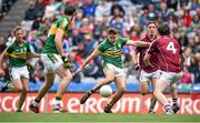 3 August 2014; James O'Donoghue, Kerry, scores his side's first goal despite the best efforts of Joss Moore, right, and Donal O'Neill, Galway. GAA Football All-Ireland Senior Championship, Quarter-Final, Kerry v Galway, Croke Park, Dublin. Picture credit: Brendan Moran / SPORTSFILE