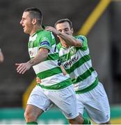 4 August 2014; Dean Kelly, left, Shamrock Rovers, celebrates after scoring his side's second goal with team-mate Karl Sheppard. EA Sports Cup Semi-Final, Bohemians v Shamrock Rovers, Dalymount Park, Dublin. Picture credit: David Maher / SPORTSFILE