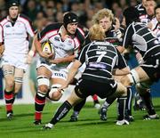 22 September 2006; Tim Barker, Ulster, about to be tackled by Ryan Jones and Richard Pugh, Ospreys. Magners Celtic League 2006 - 2007, Ulster v Ospreys, Ravenhill, Belfast. Picture credit: Oliver McVeigh / SPORTSFILE