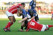 23 September 2006; Leinsters' Denis Hickie battles his way to the try line despite the efforts of Llanelli Scarlets Stephen Jones. Magners Celtic League 2006 - 2007, Llanelli Scarlets v Leinster, Stradley Park, Wales. Picture credit: Tim Parfitt / SPORTSFILE