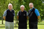 5 August 2014; John Giles with Oliver Barry,left, and Ciaran Barry, right, from Hollystown Golf Club in attendance at the Launch of the John Giles Foundation Golf Classic, Hollystown Golf Club, Dublin. Picture credit: Matt Browne / SPORTSFILE