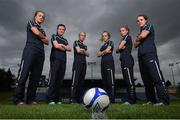 5 August 2014; UCD Waves FC players, from left, Dora Gorman, Jetta Berrill, Caroline Thorpe, Julie-Ann Russell, Chloe Mustakii and Ciara Grant, at the induction of the UCD Waves FC Team into the FAI Women's National League, UCD, Belfield, Dublin. Photo by Sportsfile