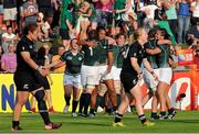 5 August 2014; Ireland players including Fiona Coghlan, 1, Sophie Spence and Tania Rosser celebrate victory over New Zealand. 2014 Women's Rugby World Cup Final, Pool B, Ireland v New Zealand, Marcoussis, Paris, France. Picture credit: Aurélien Meunier / SPORTSFILE