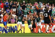 5 August 2014; Ireland players Ashleigh Baxter, Nora Stapleton, Niamh Briggs and Tania Rosser celebrate victory over New Zealand. 2014 Women's Rugby World Cup Final, Pool B, Ireland v New Zealand, Marcoussis, Paris, France. Picture credit: Isabelle Picarel / IRB