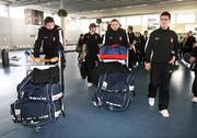 26 September 2006; Derry City players Ken Oman, Kevin McHugh, and Gareth McGlynn  on their arrival at Charles De Gaulle Airport ahead of their UEFA Cup First Round, Second Leg, game against Paris St Germain. Charles De Gaulle Airport, Paris, France. Picture credit: Oliver McVeigh / SPORTSFILE