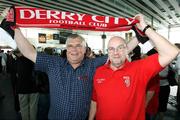 26 September 2006; Derry City supporters Eddie Devlin and Anthony Roberts on their arrival at Charles De Gaulle Airport, ahead of their side's UEFA Cup First Round, Second Leg, game against Paris St Germain. Charles De Gaulle Airport, Paris, France. Picture credit: Oliver McVeigh / SPORTSFILE