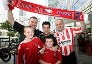 27 September 2006; Derry City fans, back from left, Eamon Crossan, Kevin McDaid, Peter Leonard, with front, from left, Gareth Leonard and Niall McDaid, show their support ahead of their UEFA Cup First Round, Second Leg, fixture against Paris Saint-Germain on Thursday next. Paris, France. Picture credit: Oliver McVeigh / SPORTSFILE