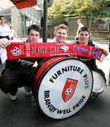 27 September 2006; Derry City fans Kevin Donoghue, Eamon Doran, and Damien Page how their support ahead of their UEFA Cup First Round, Second Leg, fixture against Paris Saint-Germain on Thursday next. Paris, France. Picture credit: Oliver McVeigh / SPORTSFILE